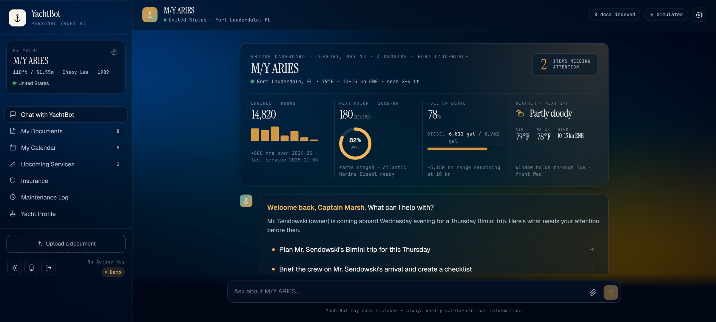 YachtBot Captain dashboard on M/Y ARIES in the Liquid Glass theme